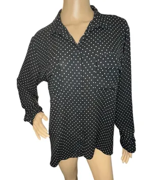 ZARA Black And White Polkadot Long Sleeve Button Up Blouse With Pockets thumbnail 1