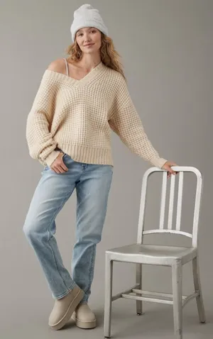 American Eagle Woah So Cozy Waffle V-Neck Sweater thumbnail 1