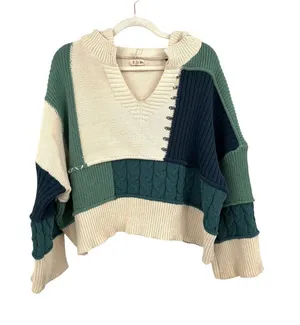 POL Colorblock Knit Hoodie Sweater Patchwork Beige Green Navy Size Small thumbnail 1