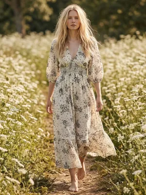 Free People Bohemian Billowy Ethereal Floral Golden Hour Maxi Dress Ivory XL thumbnail 9