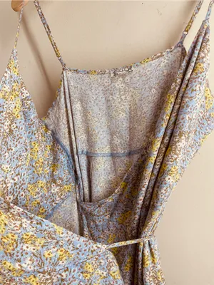 Free People All My Love Wrap Dress Blue Yellow Floral Mini Ruffle Hem size M thumbnail 8