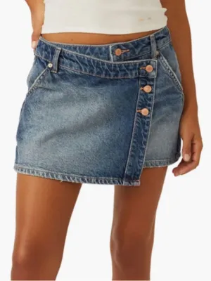 FREE PEOPLE Wynne Denim Mini Skirt in Cornflower Blue Size 28 New NWOT Wrap thumbnail 1