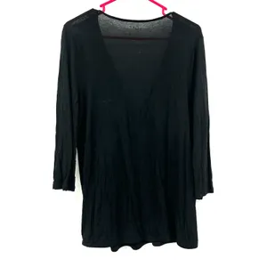 LOFT Size Large Blouse Black 3/4 Sleeve Faux Wrap‎ V Neck Lightweight Casual thumbnail 2
