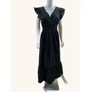 Molly Bracken Black Cotton Ruffle Maxi Dress Smocked Waist V-Neck‎ Size M thumbnail 4