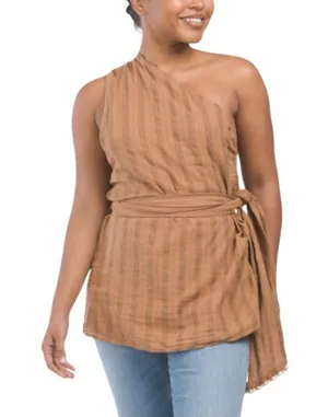 Zara One Shoulder Textured Wrap Tie Sleeved Top Brown Women’s Size Small NWT thumbnail 1