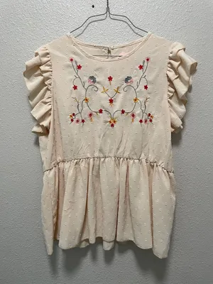 Floral Embroidered Ruffle Sleeve Peplum Top - Cream thumbnail 1