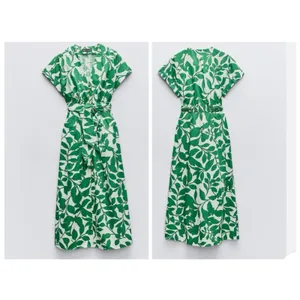 Coastal White Green Botanical Cotton Maxi Shirt Dress Belted Pockets Zara M thumbnail 2