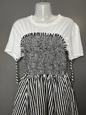 Maeve Anthropologie Dress Womens Petite Medium Black White Striped Smocked Midi thumbnail 1