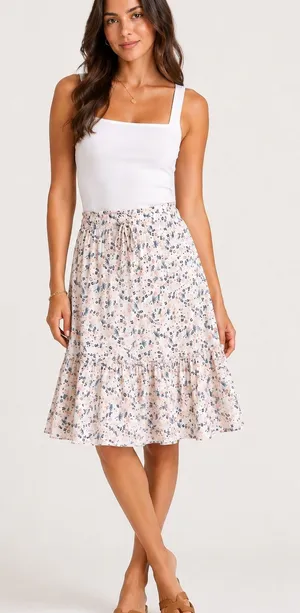 Downeast Basics Cotton Voile Midi Skirt Fan Floral Tiered Large thumbnail 1