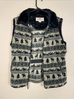 Woolrich Women’s Sherpa Faux Fur Moose Stripe Green Black Tan Zip-Up Vest thumbnail 5