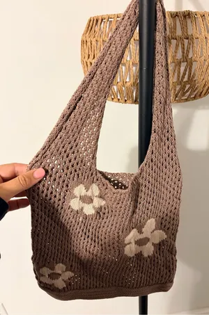 Brown Crochet Shoulder Bag with Cream Floral Details thumbnail 1