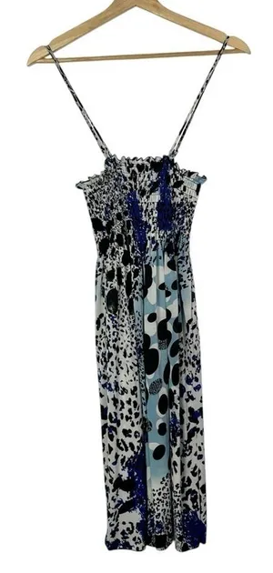 Boutique Prestige Edge Y2K Black & Blue Printed‎ Smocked Bust Midi Dress S thumbnail 1