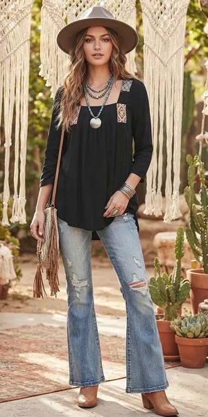 🌸Mudd  Boho Black Embroidered Square Neck 3/4 Sleeve Peasant Top Medium NWT thumbnail 1