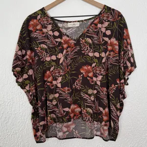 Natural Life Easy V-Neck Floral Top Brown Boho Tropical Size Small thumbnail 2
