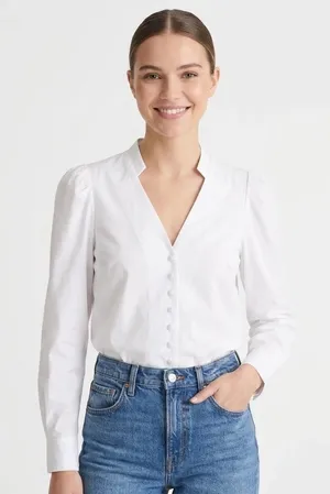 Madewell Top Womens XS White V Neck Puff Sleeve Blouse Tie Button‎ Cotton NY535 thumbnail 1