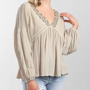 Miss Me Linen Babydoll Lace Embroidered V-Neck Top Flowy Coastal Cowgirl thumbnail 7