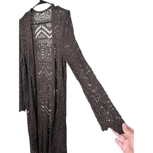 Brown Crochet Knit Long Sleeves Open Front Long Cardigan Womens Size‎ L thumbnail 4