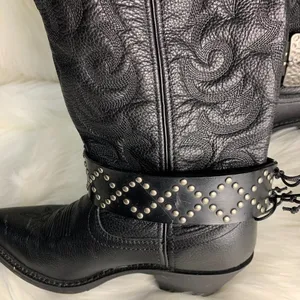 Handmade Womens Black Studded Leather Metal Buckle Removable Boot Band One Size thumbnail 3