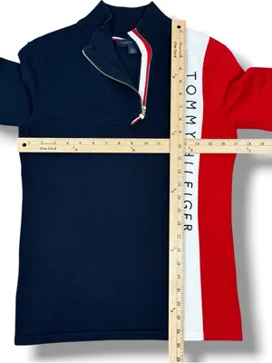 Tommy Hilfiger Quarter Zip Mock Neck Colorblock Logo Sweater Size Small Preppy thumbnail 11
