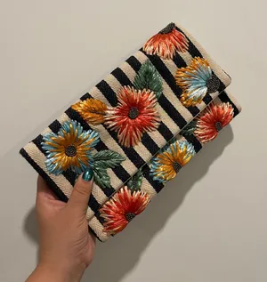 Sustainable Handmade Purse Clutch Silver Chain Bag beaded Embroidered Flowers Handmade Local Artist coastal stripes thumbnail 2
