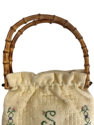 Vintage Monogram “S” Embroidered Cross Stitch Bamboo Handle Cottagecore Bag thumbnail 5