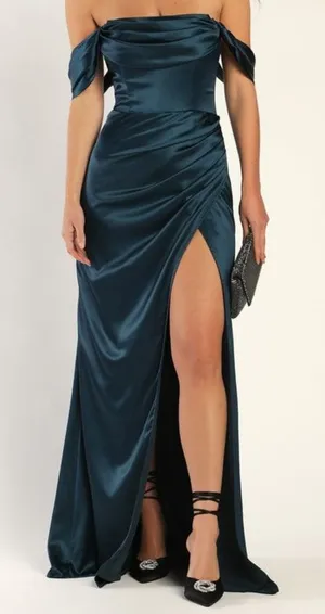 NEW Lulus Stunning Arrival Dark Teal Satin Off-the-Shoulder Maxi Gown Dress thumbnail 1