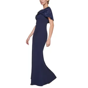 Vince Camuto Womens Crepe Trumpet Sequin-Cape Dress Gown VC2M3344 Navy Blue 2 thumbnail 9