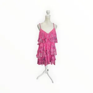 Hemant & Nandita Pink Floral Ruffle Tiered Mini Dress NWT S thumbnail 2