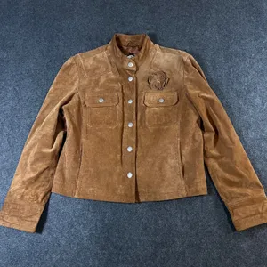 Live a Little Brown Suede Leather Jacket Rosette Floral Western Boho Womens L thumbnail 1