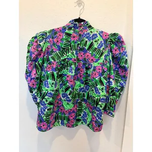 Hunter Bell Azalea Print Floral Puff Sleeve Blouse Green Pink Blue Small thumbnail 2