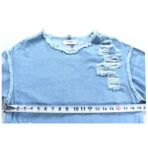 Vibrant MIU Light Wash Distressed Denim Shift Dress Shredded High Low Hem Blue thumbnail 3