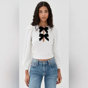 Alice + Olivia Doris Pointelle Pullover in Soft White XS thumbnail 6