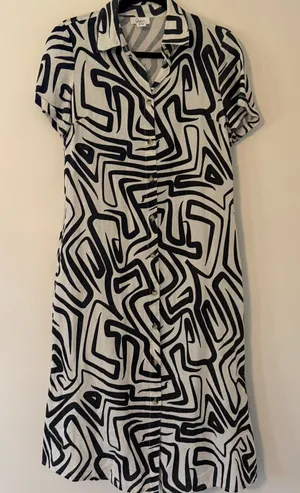 Japna Cotton Flax Linen‎ Blend Geometric Artsy Button Front Shirt Dress Size Med thumbnail 1