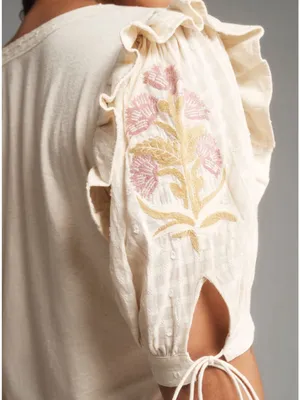 Anthropologie Embroidered Puff-Sleeve Top Size XL thumbnail 4