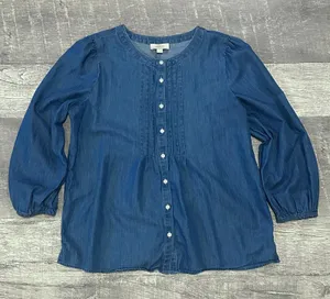 LOFT Chambray Button Front Top Womens M Blue 3/4 Sleeve Cotton Blouse thumbnail 1