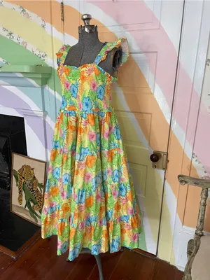 NWOT Ruffle Butts Women’s Hawaiian Floral Smocked Cotton Sun Dress Sz L 💛🎀 thumbnail 5