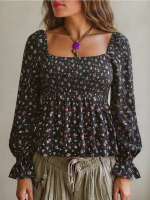 Daisy & Delilah Boho Black Floral Top Smocked Bodice Long Bell Sleeve Women’s M thumbnail 1