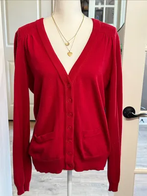 ST JOHN’S BAY Lightweight Cotton Red Cardigan L Grandpa Minimalist Preppy thumbnail 1