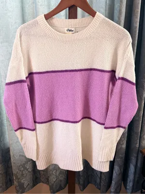 Pulse Cream and Lavender Colorblock Crewneck Sweater with Purple Trim thumbnail 1