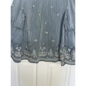 Anthropologie Fig & Flower Blue Embroidered Peasant Top Tiered Bell Sleeve L thumbnail 7