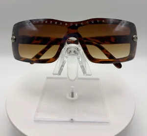 Y2K Brown Tortoise Studded Rectangle Shield Sunglasses thumbnail 1