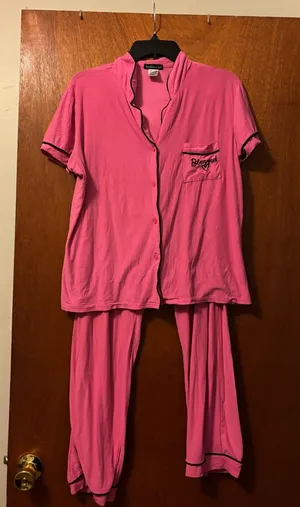 Women's Pink Short-Sleeve Button Pajama Set with Pocket Embroidery thumbnail 1