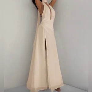 Elegant Cream Halter Maxi Dress Tan Size 0 thumbnail 2