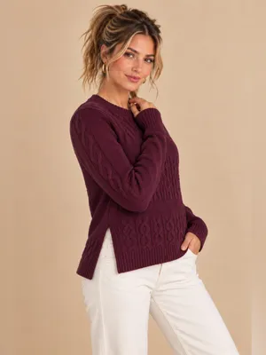 LOFT Burgundy Plum Crewneck Pullover Cable Knit Chunky Sweater Split Hem Medium thumbnail 8
