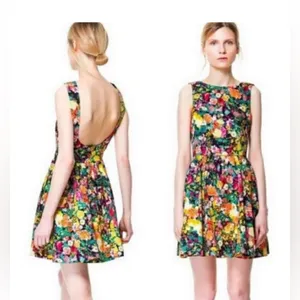 Zara Floral Open Back Skater‎ Dress Size M thumbnail 2
