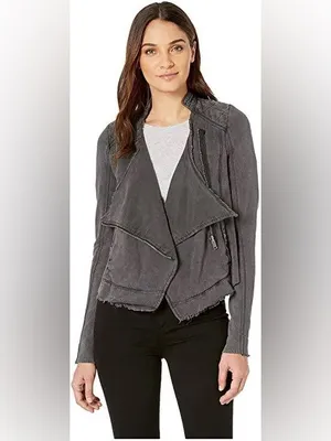 Free People Distressed Charcoal Gray Wash Cotton Shrunken Moto Jacket Size S thumbnail 4