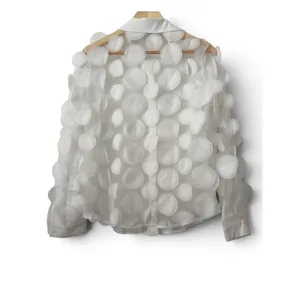 White Sheer Mesh 3D Applique Floral Button Down Blouse Long Sleeve Top M thumbnail 5
