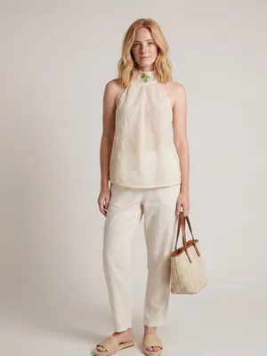vintage Y2k Max Studio halter mock neck top cream sheer overlay Linen Resortwear thumbnail 7