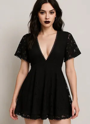 Showpo Lace Mini Dress 6 Whimsigoth Romantic Babydoll Deep V Fairy Grunge Y2K thumbnail 1
