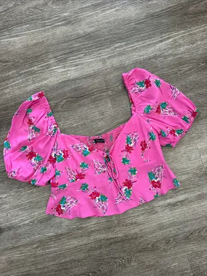Zara pink floral feminine puff sleeve crop top blouse small thumbnail 3